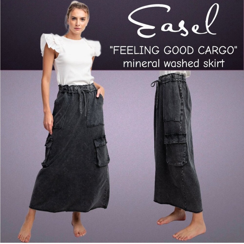 Easel Charcoal Mineral Washed Maxi Skirt